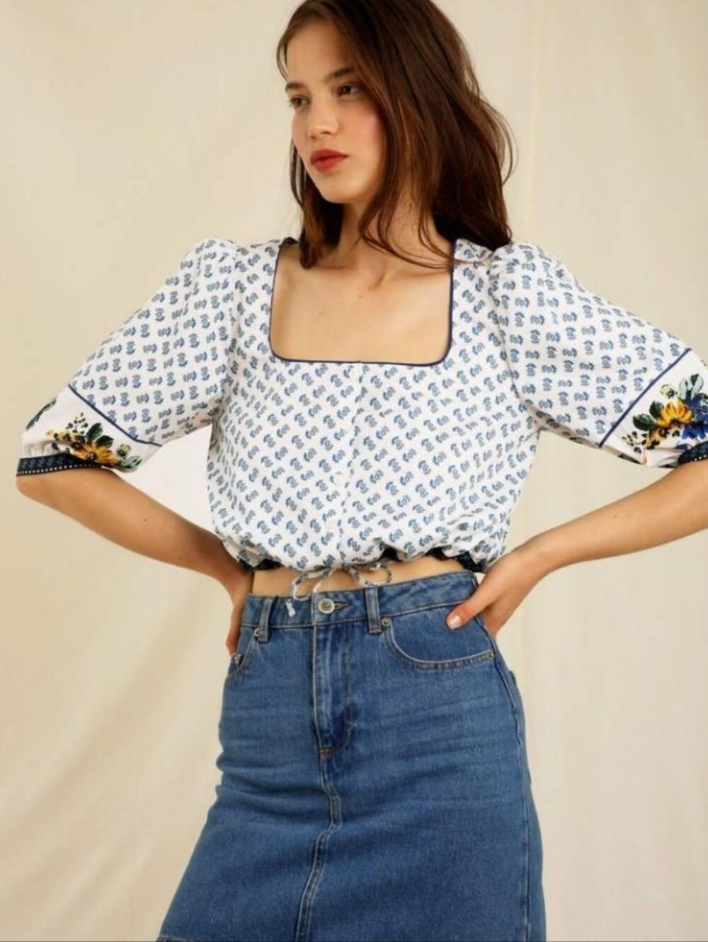 Rouje Floral Crop Tie Front Button Down Blouse Size FR 40